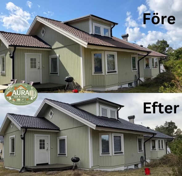 Före och efter tvätt av tak och fasad på villa